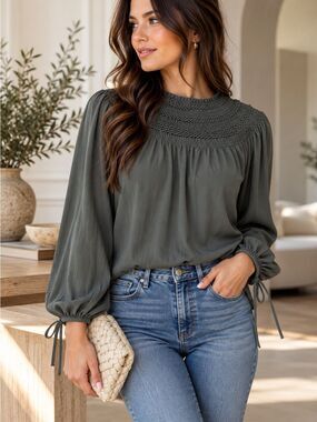 Escada Greenish Gray Smocked Peasant Blouse Size 34 Balloon Sleeve Boho Top (TC)